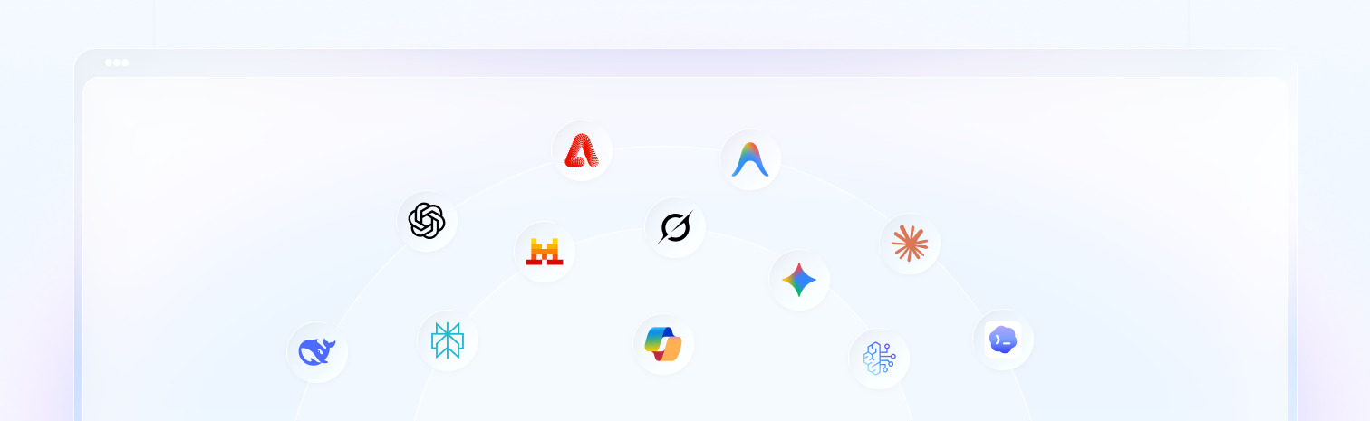 An orbit of AI tools including ChatGPT, Claude, Gemini, Microsoft Copilot, and Perplexity